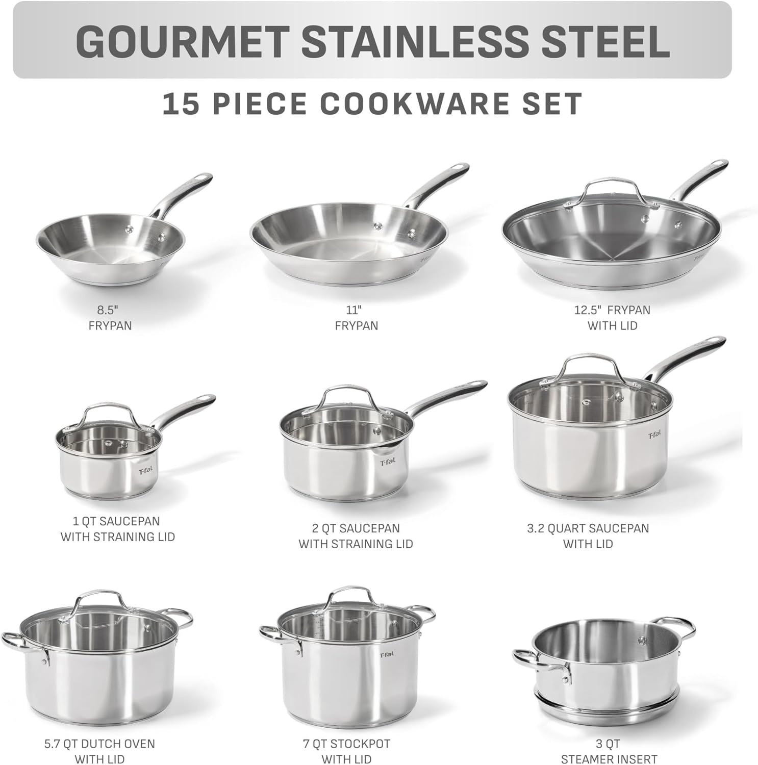 image:imageTfal Stainless Steel Pots and Pans Set 11 Piece Induction Oven Broiler Safe 500F Kitchen Cooking Set wFry Pans Saucepans Saute Pan Steamer Cookware Dishwasher Safe SilverCookware Set