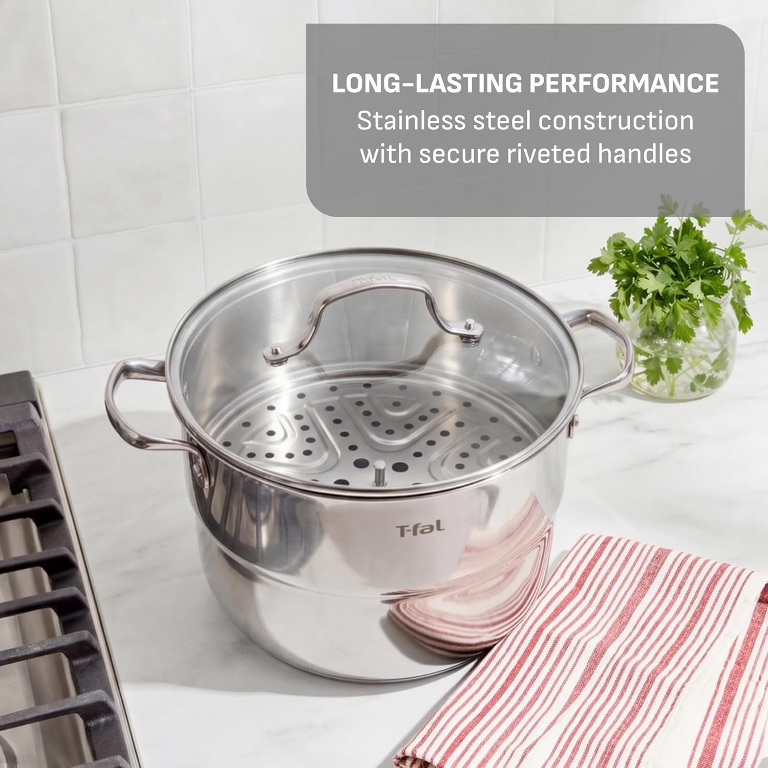 image:imageTfal Stainless Steel Pots and Pans Set 11 Piece Induction Oven Broiler Safe 500F Kitchen Cooking Set wFry Pans Saucepans Saute Pan Steamer Cookware Dishwasher Safe SilverStockpot