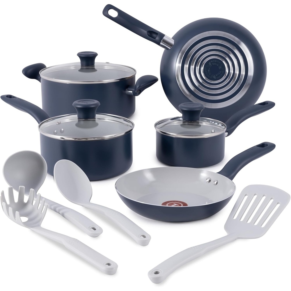 image:imageTFal Ceramic Nonstick Cookware Set Oven Safe Up to 350F 12Piece Includes Stockpot Frying Pans Utensils Ceramic Pots and Pans Set Dark Blue
