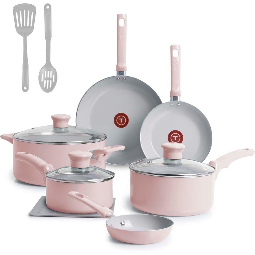 image:imageTFal Refresh Ceramic Nonstick Cookware Set 20Piece Oven Safe to 350F Stockpot Ceramic Pots and Pans Set Frying Pans Griddle Utensils Mint GreenDusty Rose