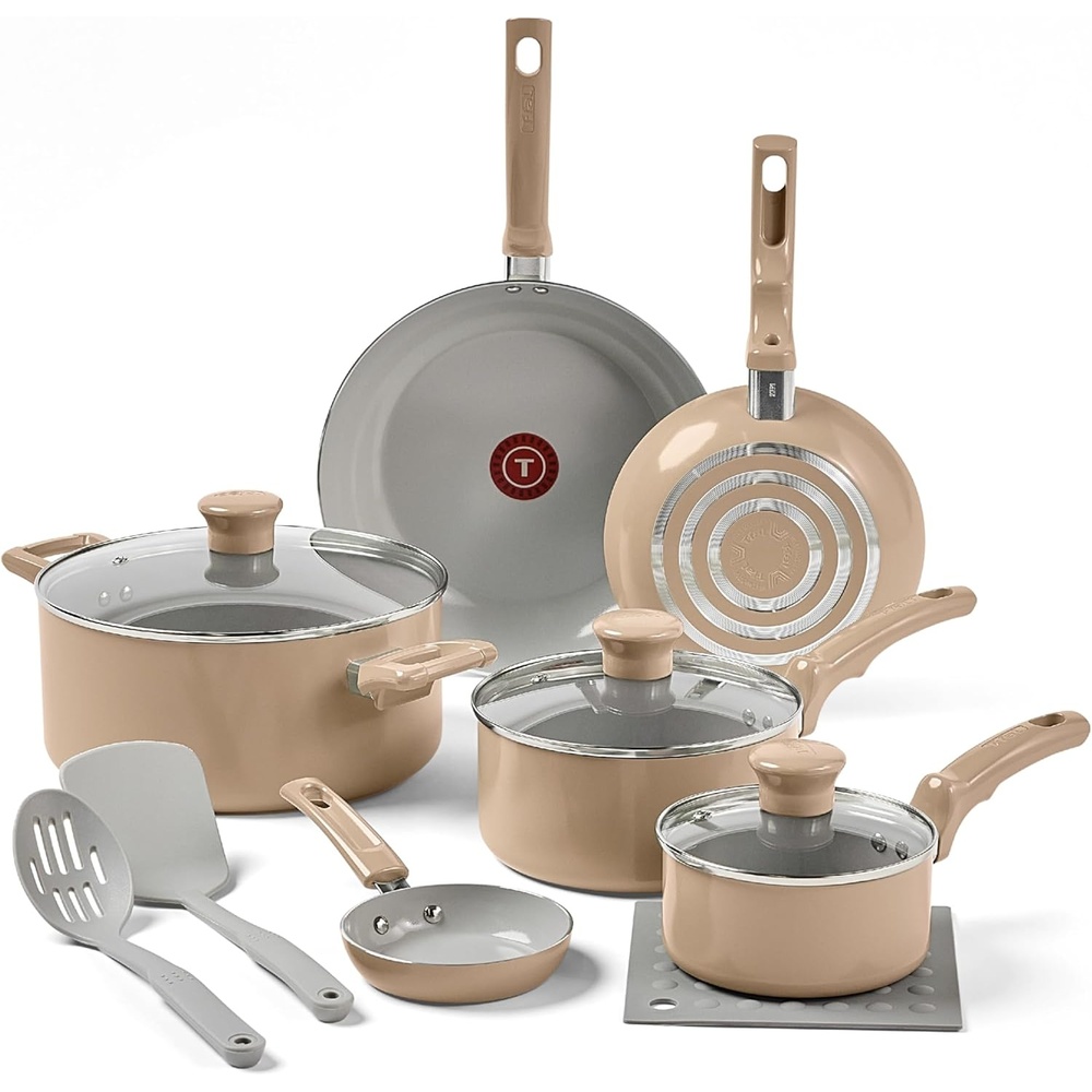image:imageTFal Refresh Ceramic Nonstick Cookware Set 20Piece Oven Safe to 350F Stockpot Ceramic Pots and Pans Set Frying Pans Griddle Utensils Mint GreenSand Beige