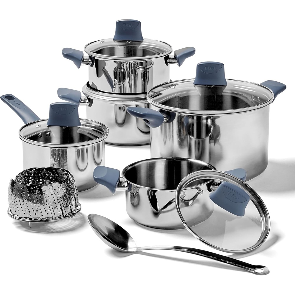 image:imageTfal Essentials Stainless Steel Cookware Set 12 Piece Induction Compatible Oven Safe 350F Cooking Set wStewpots Stockpot Saucepan Lids amp Tools Measuring Marks Dishwasher Safe SilverBlue12Piece Set