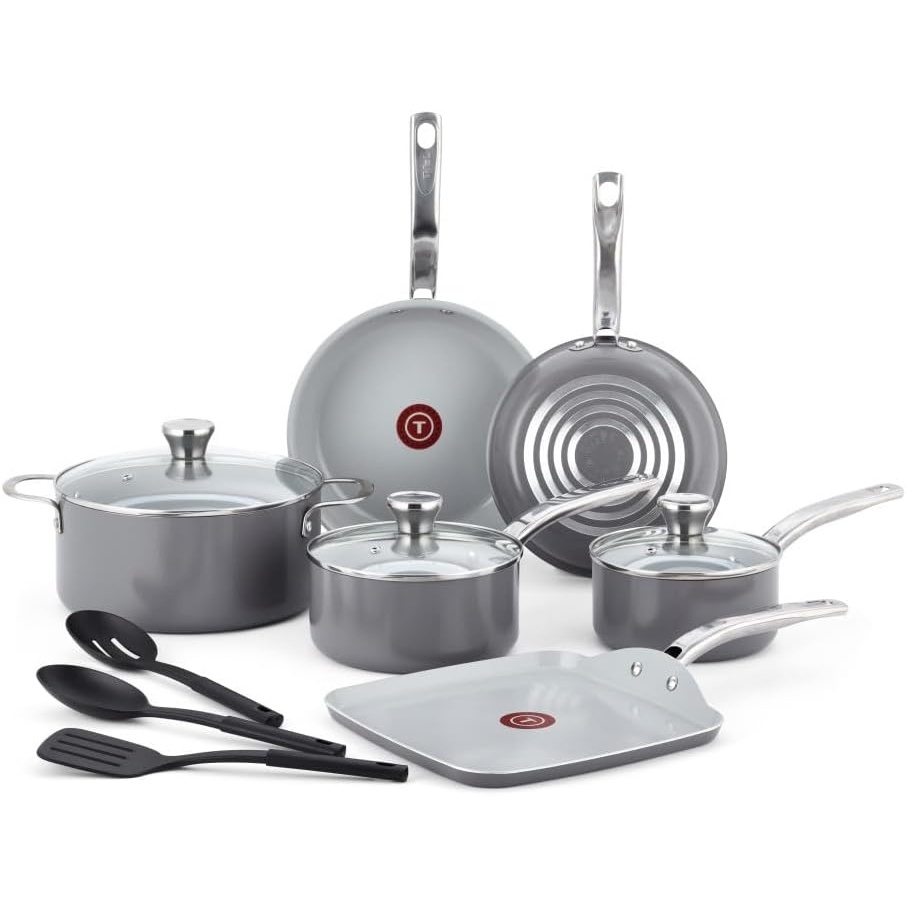 image:imageTfal Fresh Gourmet Recycled Ceramic Non Stick Cookware Set 12 Piece Oven Broiler Safe 500F Lid Safe 350F Kitchen Cooking Set WFry Pans Saucepans Dutch Oven Utensils Pots and Pans Set GreyCeramic