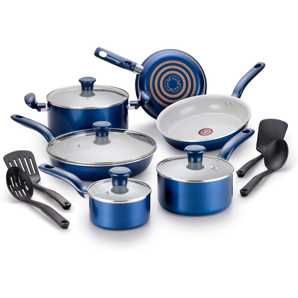 image:imageTfal Initiatives Ceramic Nonstick Cookware Set 14 Piece Oven Safe 350F Pots and Pans Blue