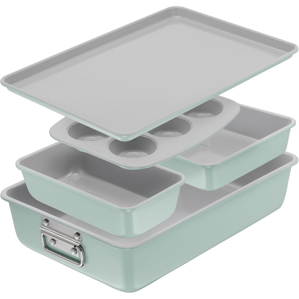 image:imageTfal Refresh Ceramic Nonstick Baking Pans Set 5 Pieces Roaster 6Cup for Muffins Loaf Square Baking Sheets Non Stick Stackable Bakeware Sets Mint Green5Piece