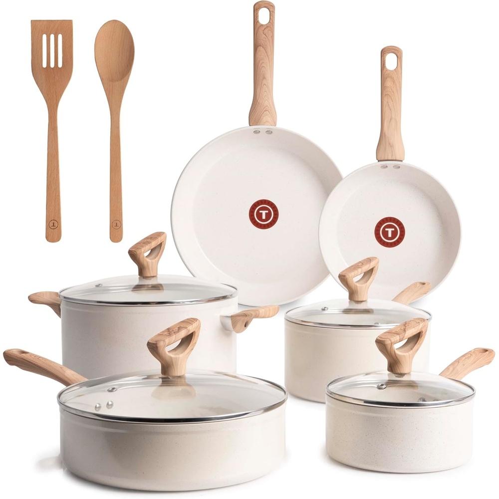 image:imageTfal Revive Ceramic Cookware Sets Pots and Pans Set Nonstick 12 pieces Ceramic Non stick Coated Frying Pan Oven Safe Up To 350F Grey GraniteBeige Granite