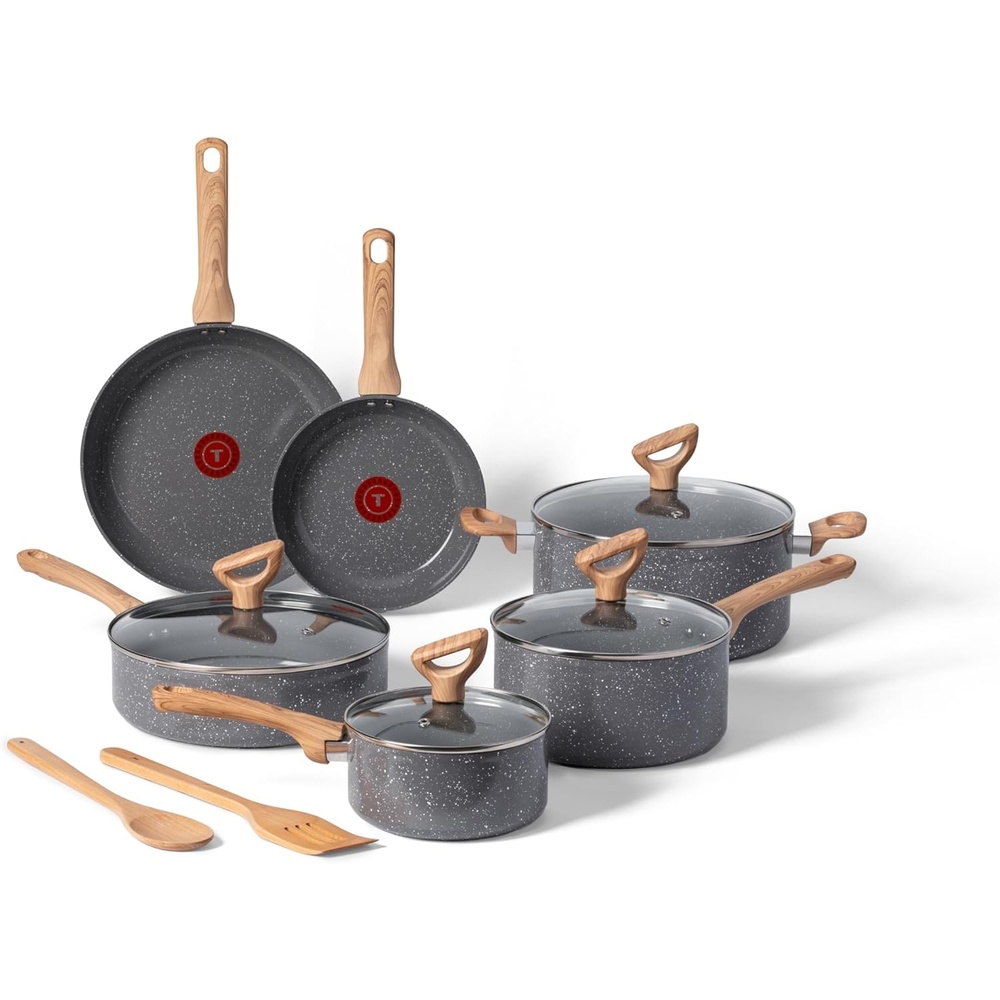 image:imageTfal Revive Ceramic Cookware Sets Pots and Pans Set Nonstick 12 pieces Ceramic Non stick Coated Frying Pan Oven Safe Up To 350F Grey GraniteStone Gray