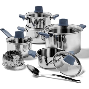image:imageTfal Essentials Stainless Steel Cookware Set 12 Piece Induction Compatible Oven Safe 350F Cooking Set wStewpots Stockpot Saucepan Lids amp Tools Measuring Marks Dishwasher Safe SilverBlue12Piece Set