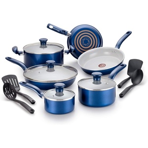 image:imageTfal Initiatives Ceramic Nonstick Cookware Set 14 Piece Oven Safe 350F Pots and Pans Blue