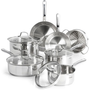image:imageTfal Stainless Steel Pots and Pans Set 11 Piece Induction Oven Broiler Safe 500F Kitchen Cooking Set wFry Pans Saucepans Saute Pan Steamer Cookware Dishwasher Safe SilverStainless Steel