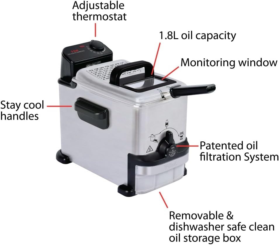 image:imageTfal Compact EZ Clean Stainless Steel Deep Fryer with Basket for Home Use 18 Liter Oil and 17 Pound Food Capacity 1200 Watts Easy Clean Temp Control Oil Filtration 18 L18 L 1200 W