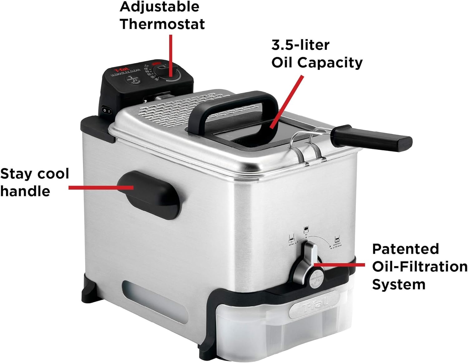 image:imageTfal Compact EZ Clean Stainless Steel Deep Fryer with Basket for Home Use 18 Liter Oil and 17 Pound Food Capacity 1200 Watts Easy Clean Temp Control Oil Filtration 18 L35 L 1700 W