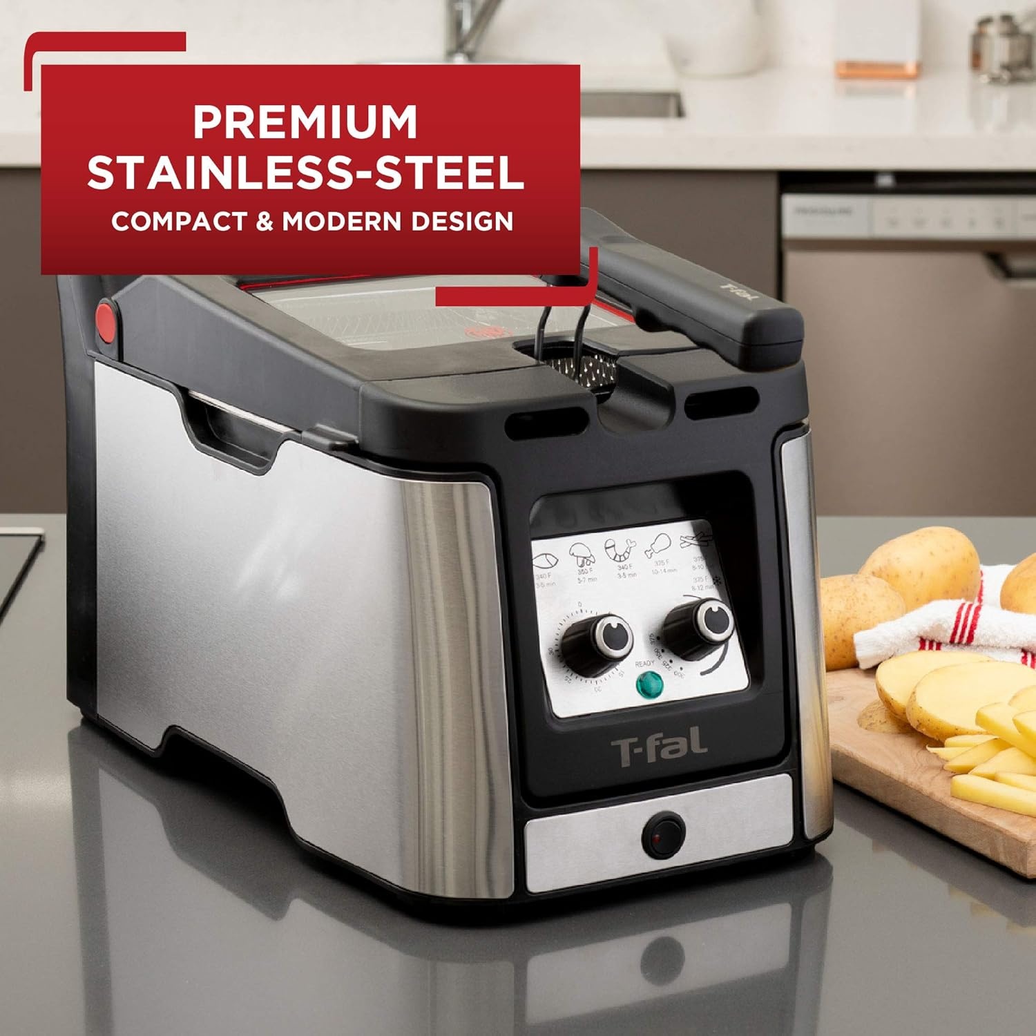 image:imageTfal Compact EZ Clean Stainless Steel Deep Fryer with Basket for Home Use 18 Liter Oil and 17 Pound Food Capacity 1200 Watts Easy Clean Temp Control Oil Filtration 18 L35 L 1800 W