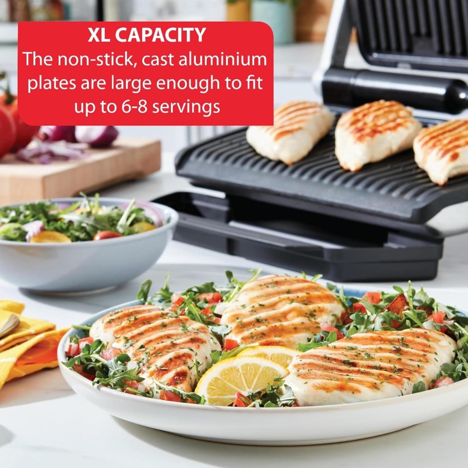 image:imageTfal Electric Grill OptiGrill 4in1 Stainless Steel 9 Automatic Cooking Modes Intelligent Grilling Rare to WellDone 1800 Watts Nonstick Removable Plates Dishwasher Safe Indoor SilverOptiGrill XL