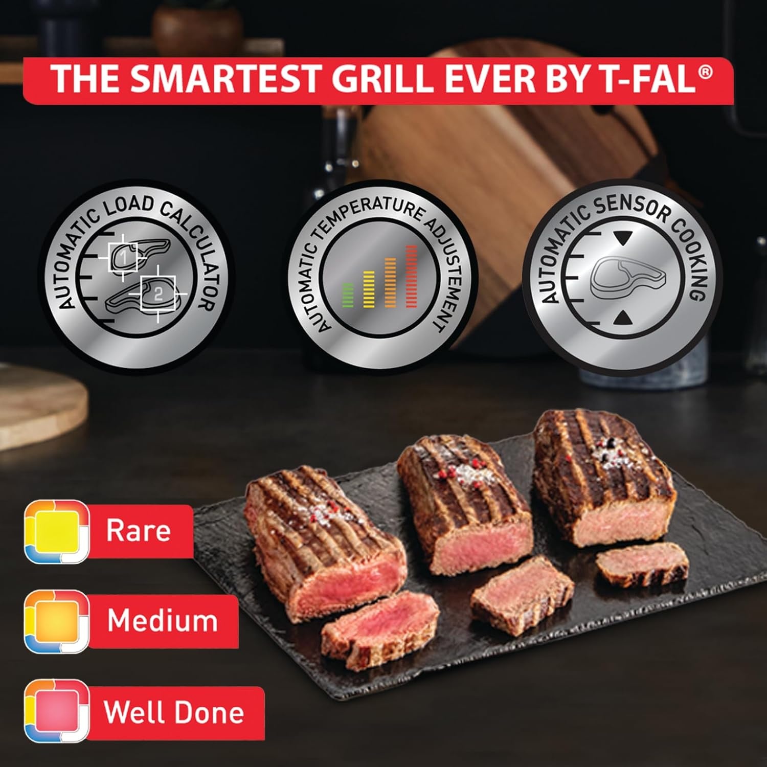 image:imageTfal Electric Grill OptiGrill 4in1 Stainless Steel 9 Automatic Cooking Modes Intelligent Grilling Rare to WellDone 1800 Watts Nonstick Removable Plates Dishwasher Safe Indoor SilverOptiGrill