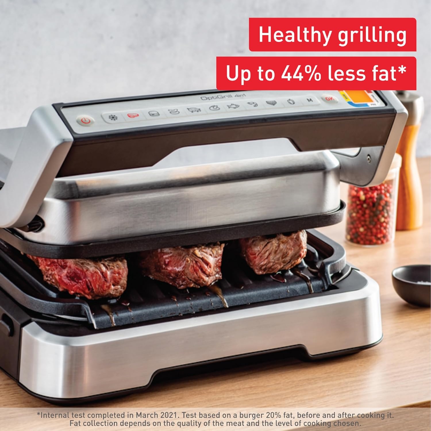 image:imageTfal Electric Grill OptiGrill 4in1 Stainless Steel 9 Automatic Cooking Modes Intelligent Grilling Rare to WellDone 1800 Watts Nonstick Removable Plates Dishwasher Safe Indoor SilverOptiGrill 4in1