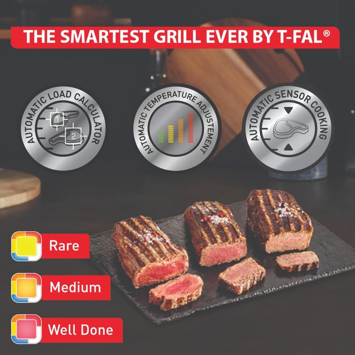 image:imageTfal Electric Grill OptiGrill 4in1 Stainless Steel 9 Automatic Cooking Modes Intelligent Grilling Rare to WellDone 1800 Watts Nonstick Removable Plates Dishwasher Safe Indoor SilverOptiGrill XL