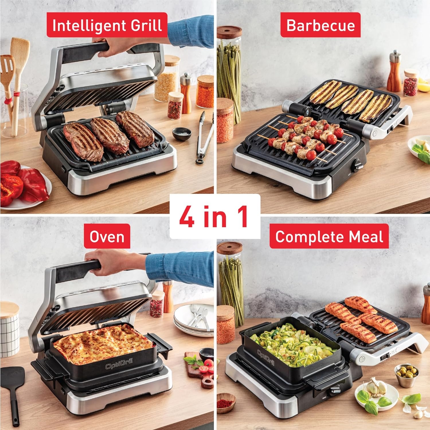 image:imageTfal Electric Grill OptiGrill 4in1 Stainless Steel 9 Automatic Cooking Modes Intelligent Grilling Rare to WellDone 1800 Watts Nonstick Removable Plates Dishwasher Safe Indoor SilverOptiGrill 4in1