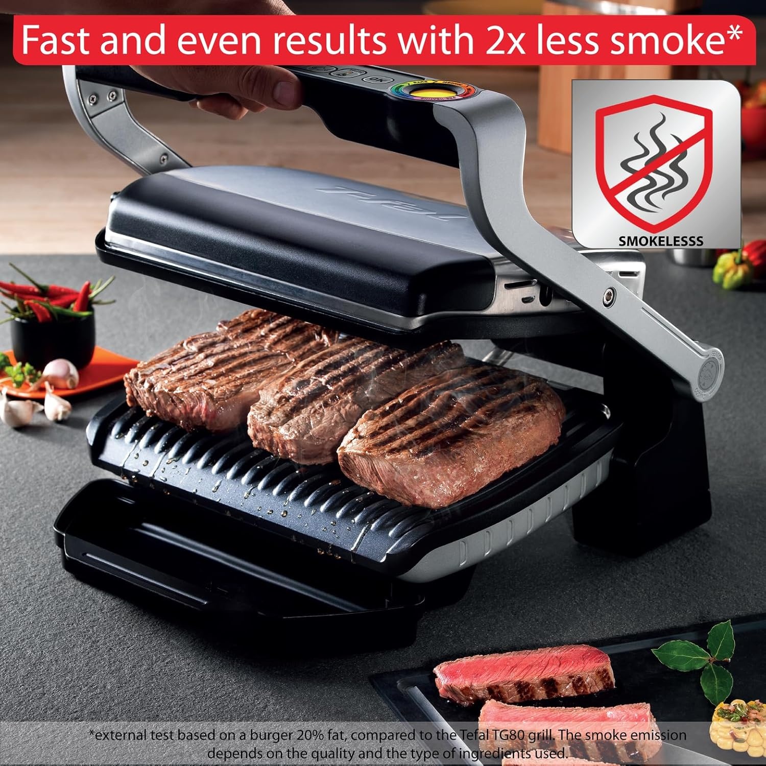 image:imageTfal Electric Grill OptiGrill 4in1 Stainless Steel 9 Automatic Cooking Modes Intelligent Grilling Rare to WellDone 1800 Watts Nonstick Removable Plates Dishwasher Safe Indoor SilverOptiGrill