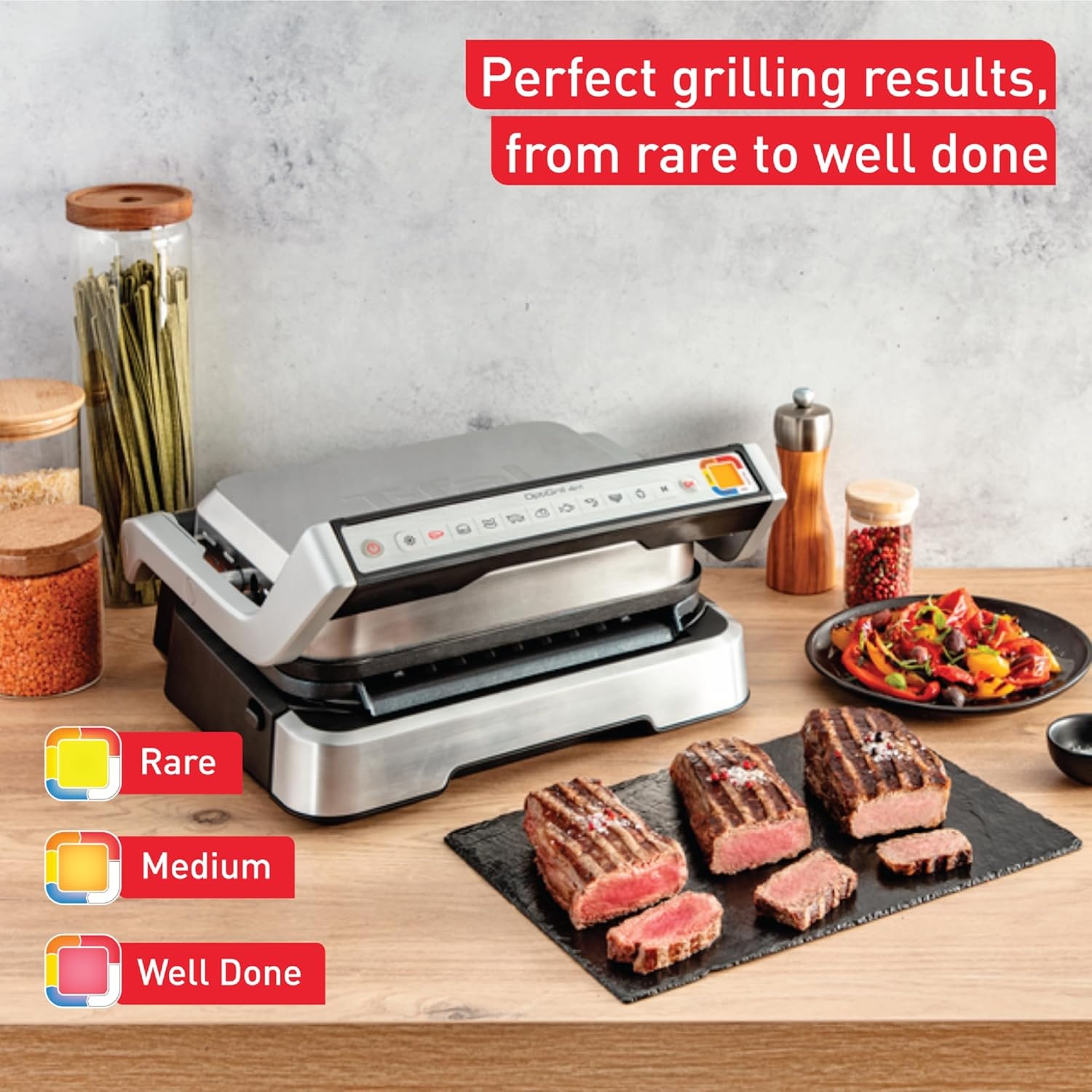 image:imageTfal Electric Grill OptiGrill 4in1 Stainless Steel 9 Automatic Cooking Modes Intelligent Grilling Rare to WellDone 1800 Watts Nonstick Removable Plates Dishwasher Safe Indoor SilverOptiGrill 4in1