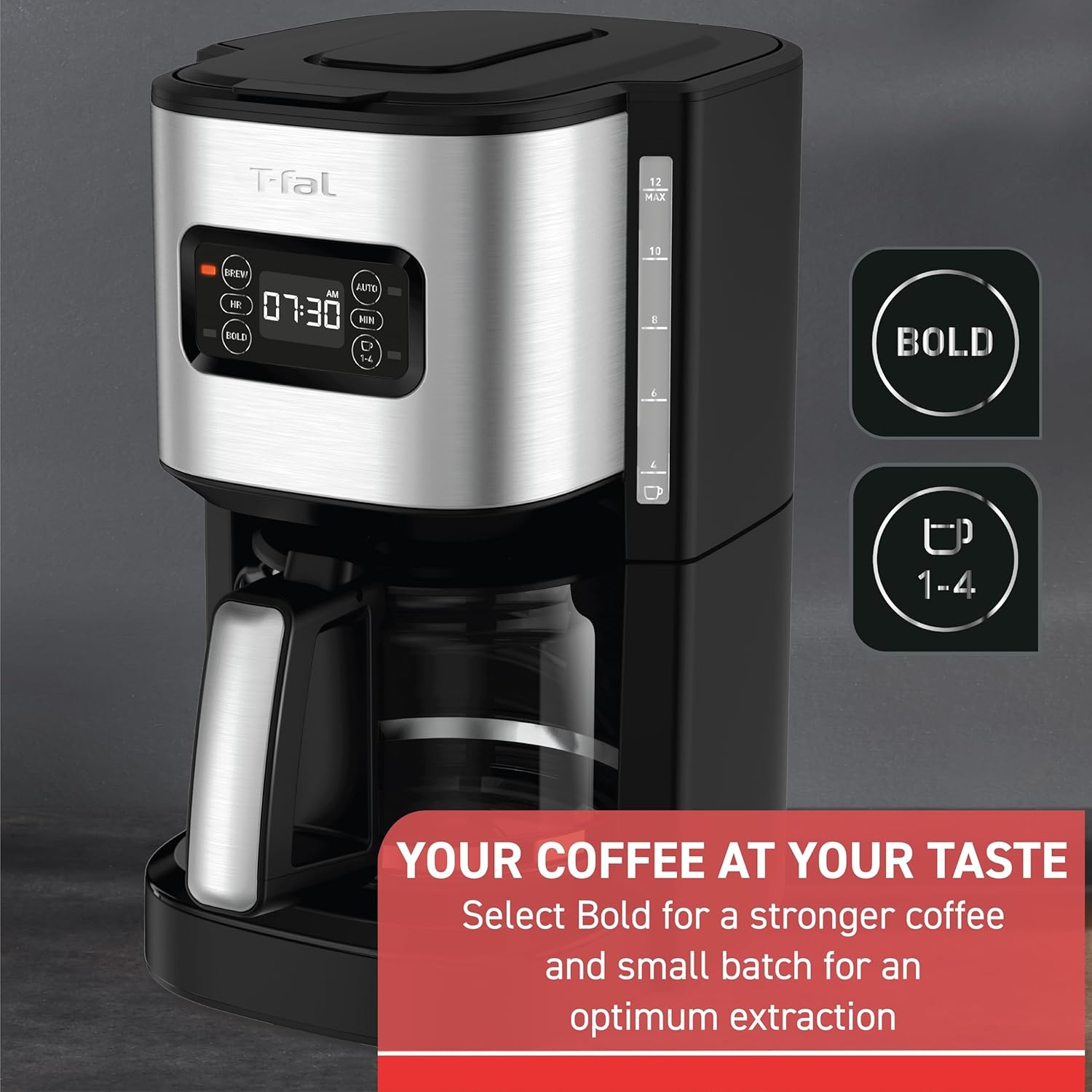 image:imageTfal Element Plastic and Stainless Steel Drip Coffee Machine 12 Cup Programmable Reusable filter Pause and Brew Glass Carafe 1000 watts Coffer Maker Filter machine Cold Brew Black
