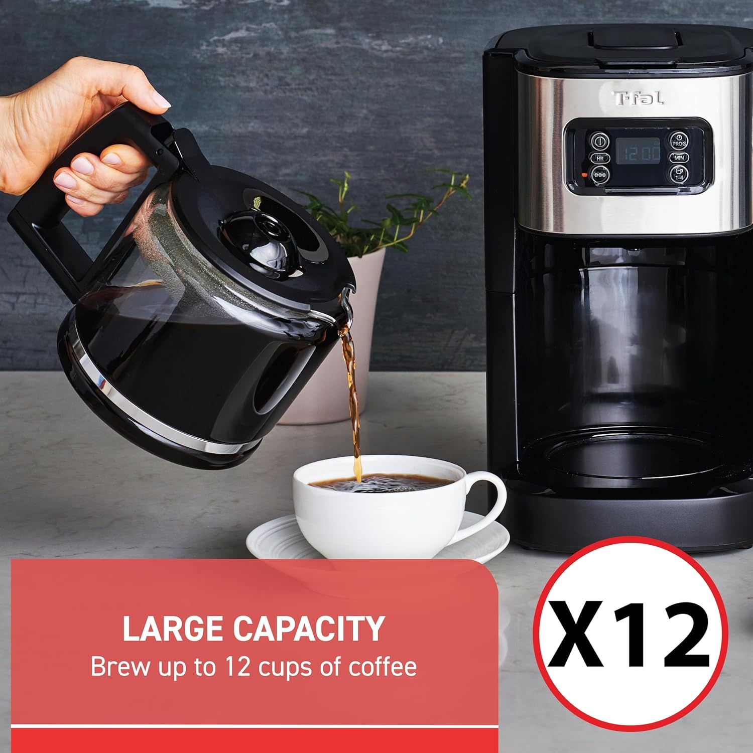 image:imageTfal Element Plastic and Stainless Steel Drip Coffee Machine 12 Cup Programmable Reusable filter Pause and Brew Glass Carafe 1000 watts Coffer Maker Filter machine Cold Brew Black