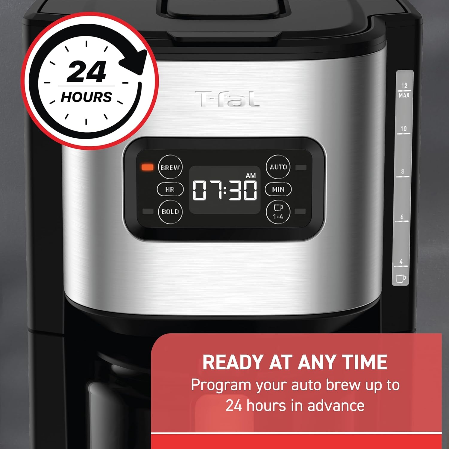 image:imageTfal Element Plastic and Stainless Steel Drip Coffee Machine 12 Cup Programmable Reusable filter Pause and Brew Glass Carafe 1000 watts Coffer Maker Filter machine Cold Brew Black