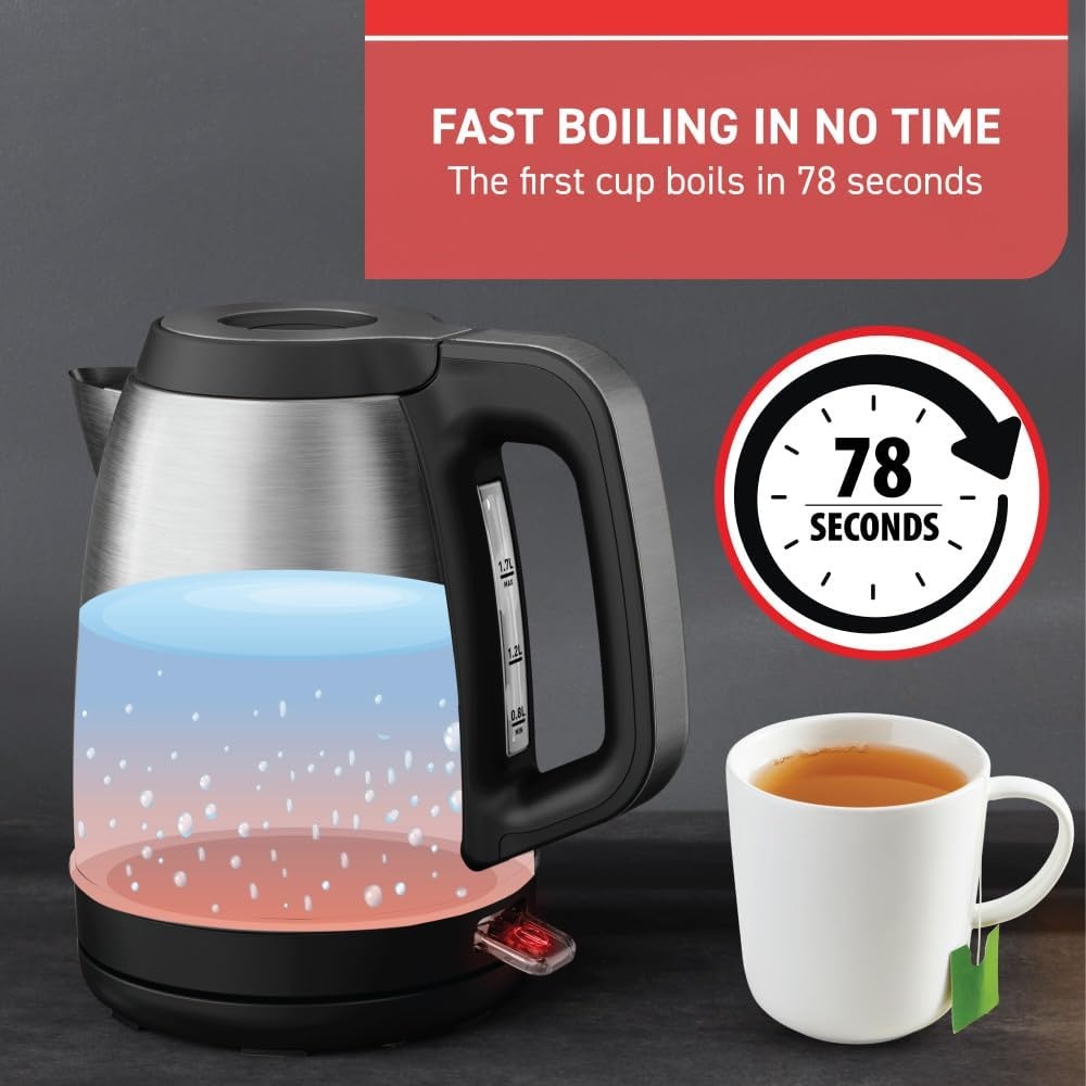 image:imageTfal Element Stainless Steel Electric Kettle 17 Liter Fast boiling 78 sec Easy to use Easy lid opening 1500 Watts Removable AntiScale Filter Precision Pouring Silver and Black