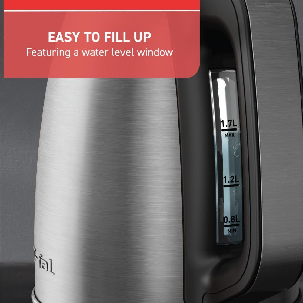 image:imageTfal Element Stainless Steel Electric Kettle 17 Liter Fast boiling 78 sec Easy to use Easy lid opening 1500 Watts Removable AntiScale Filter Precision Pouring Silver and Black