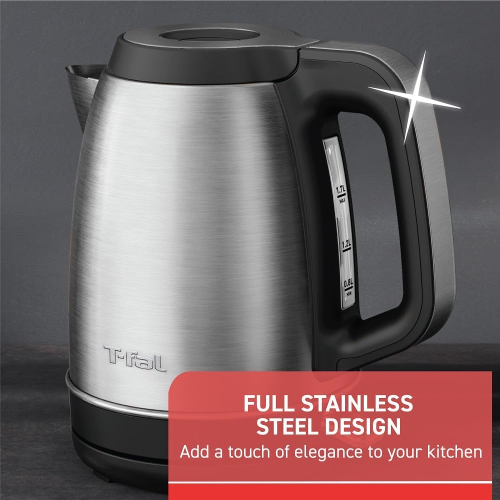 image:imageTfal Element Stainless Steel Electric Kettle 17 Liter Fast boiling 78 sec Easy to use Easy lid opening 1500 Watts Removable AntiScale Filter Precision Pouring Silver and Black
