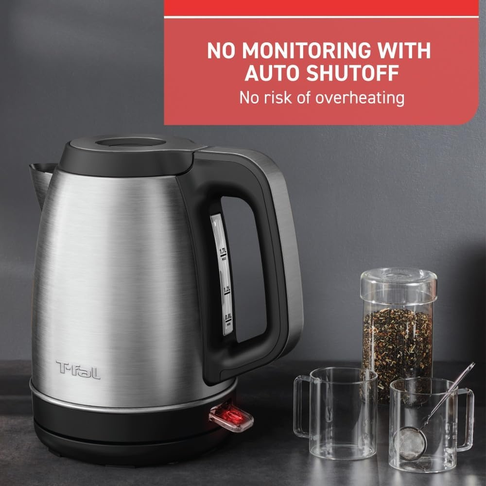 image:imageTfal Element Stainless Steel Electric Kettle 17 Liter Fast boiling 78 sec Easy to use Easy lid opening 1500 Watts Removable AntiScale Filter Precision Pouring Silver and Black
