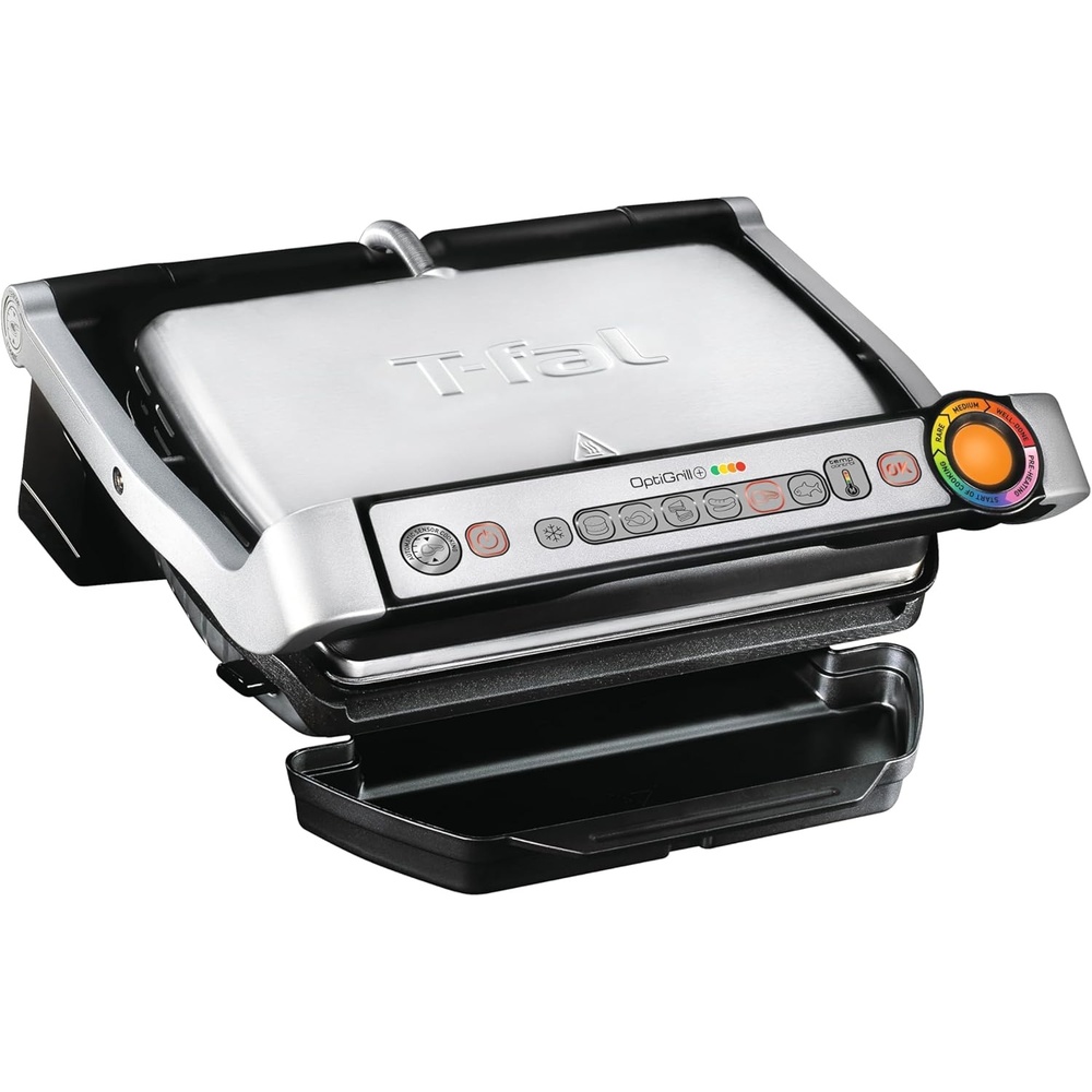 image:imageTfal Electric Grill OptiGrill 4in1 Stainless Steel 9 Automatic Cooking Modes Intelligent Grilling Rare to WellDone 1800 Watts Nonstick Removable Plates Dishwasher Safe Indoor SilverOptiGrill