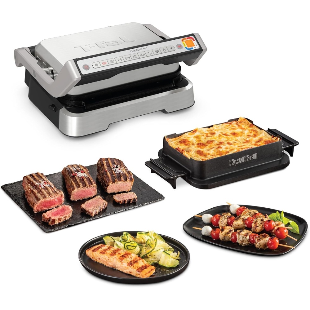 image:imageTfal Electric Grill OptiGrill 4in1 Stainless Steel 9 Automatic Cooking Modes Intelligent Grilling Rare to WellDone 1800 Watts Nonstick Removable Plates Dishwasher Safe Indoor SilverOptiGrill 4in1