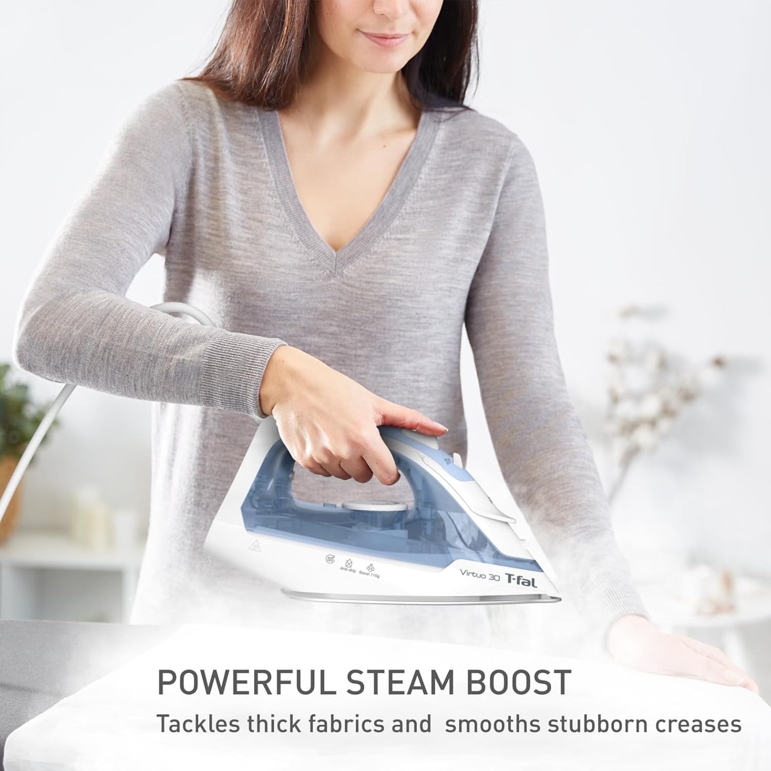 image:imageTFal Virtuo Steam Iron for Clothes with Retractable Cord Portable Iron and Steamer for Clothes Ceramic Nonstick Soleplate 1500 Watts AntiDrip AutoOff Scratch Resistant Grey512 in x 1181 in x 709 in