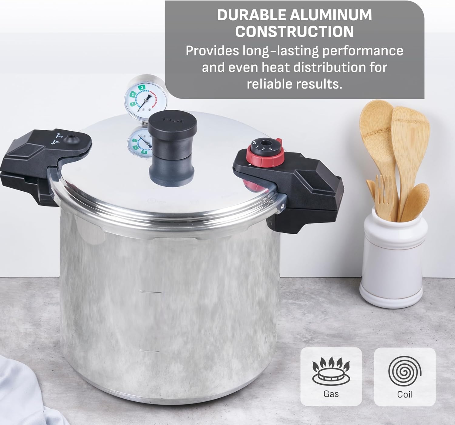 image:imageTfal 22Quart Aluminum Pressure Canner 3 PSI Settings Home Canning Includes Racks amp Canning Guide Large Capacity Pressure amp Water Bath Canning for Vegetables Meats Seafood amp Fruits SilverPressure Canner