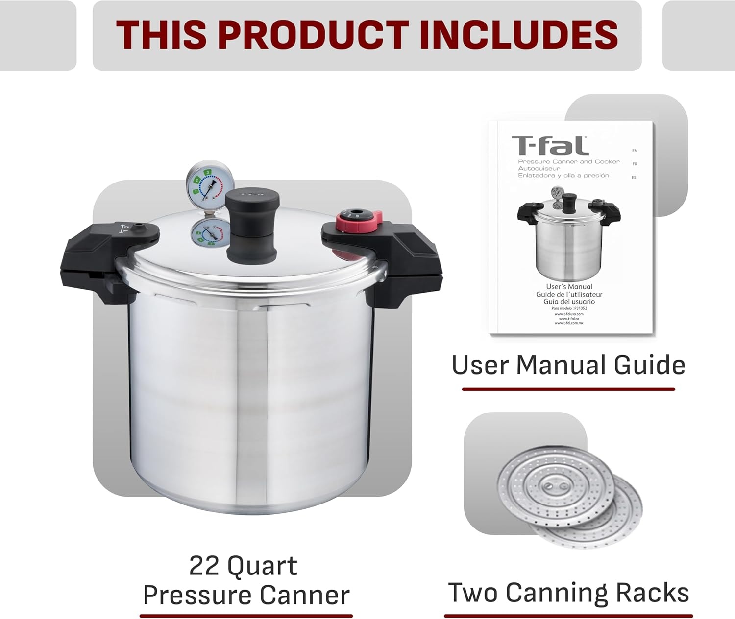 image:imageTfal 22Quart Aluminum Pressure Canner 3 PSI Settings Home Canning Includes Racks amp Canning Guide Large Capacity Pressure amp Water Bath Canning for Vegetables Meats Seafood amp Fruits SilverPressure Canner
