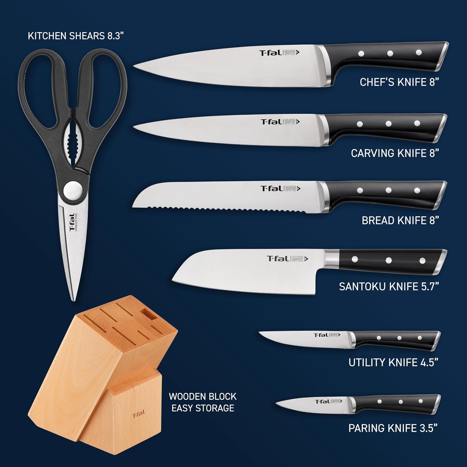 image:imageTfal Ice Force German Stainless Steel Bread Knife 8 Inch Long Lasting Sharpness High Cutting Precision Superior Durability Ultra Sharp Blades Cookware Kitchen Knife Cook Kitchen Tool Black8Piece Knife Block Set