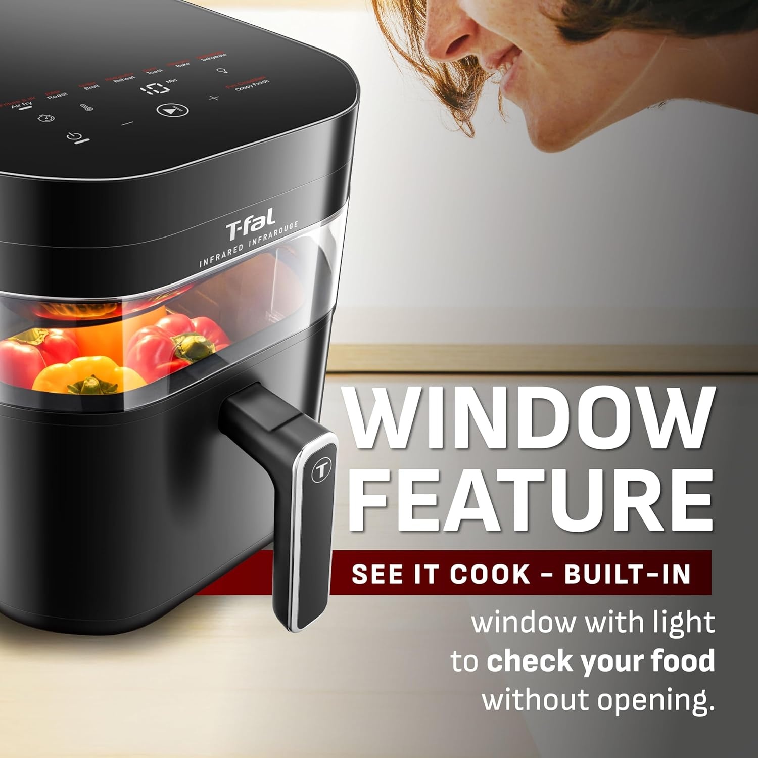 image:imageTfal Infrared Air Fryer 2x Faster Than Traditional Heating Large Air Fryer Dehydrator Combo 8 Cooking Functions Window With Light NoShake Technology Dishwasher Safe 1800W Black73 quarts