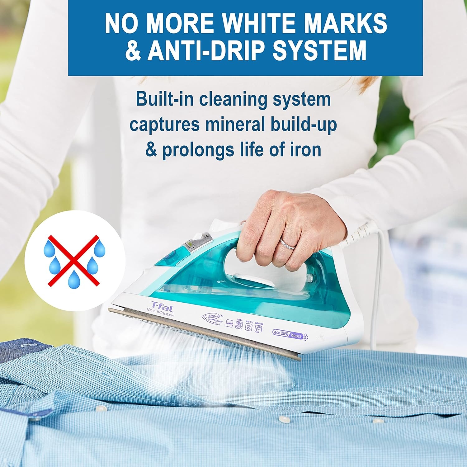 image:imageTfal Iron Ecomaster Steam Iron for Clothes Ceramic Soleplate EcoFriendly with Steam Trigger 1400 Watts AntiDrip Ironing Programmable Steaming Blue Clothes Iron FV1742U01400 Watts
