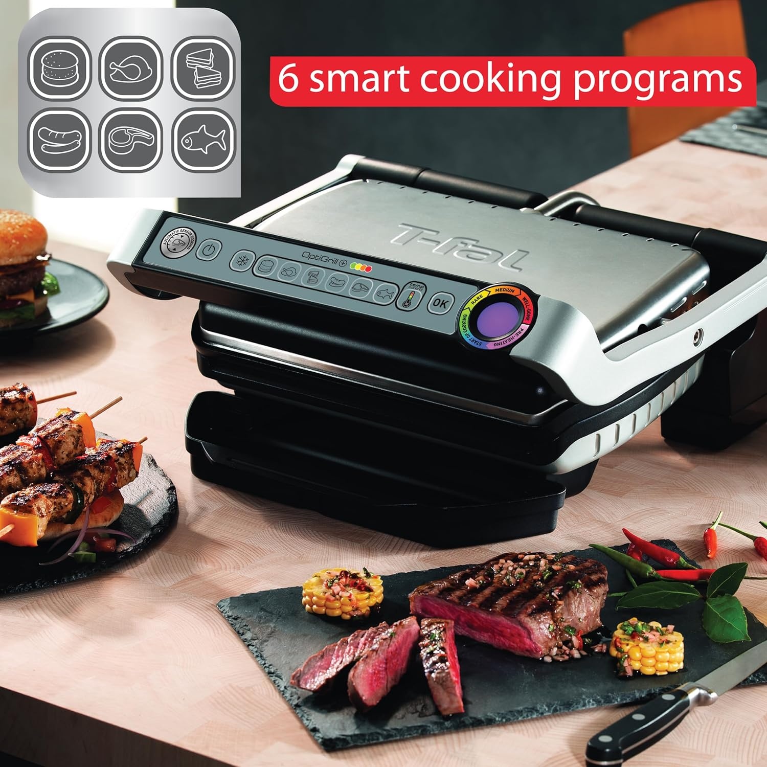 image:imageOptiGrill Stainless Steel Electric Grill With Tfal Ice Force Stainless Steel Steak Knives setUp to 4 Servings 6 Cooking Modes Plus Steak Knives
