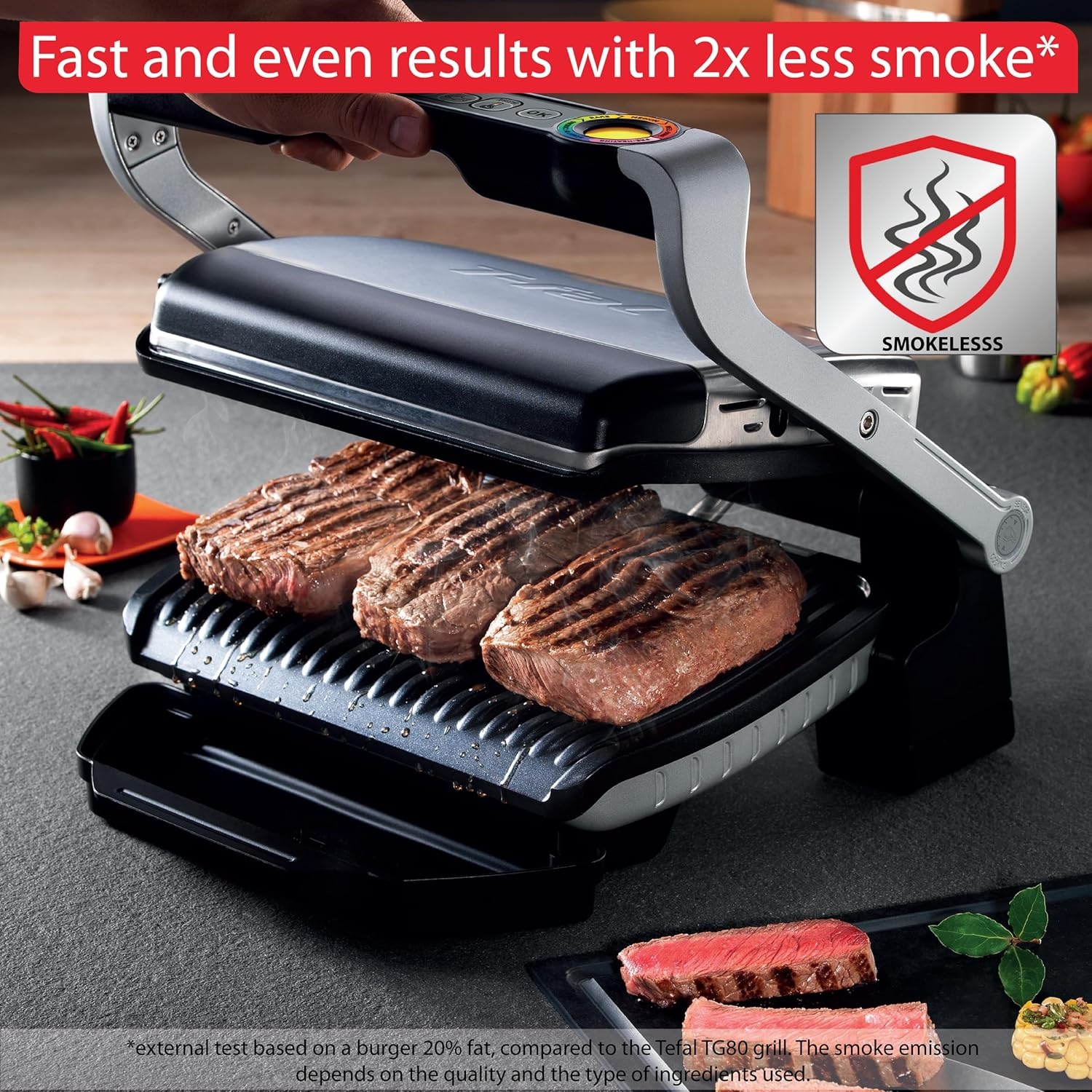 image:imageOptiGrill Stainless Steel Electric Grill With Tfal Ice Force Stainless Steel Steak Knives setUp to 4 Servings 6 Cooking Modes Plus Steak Knives