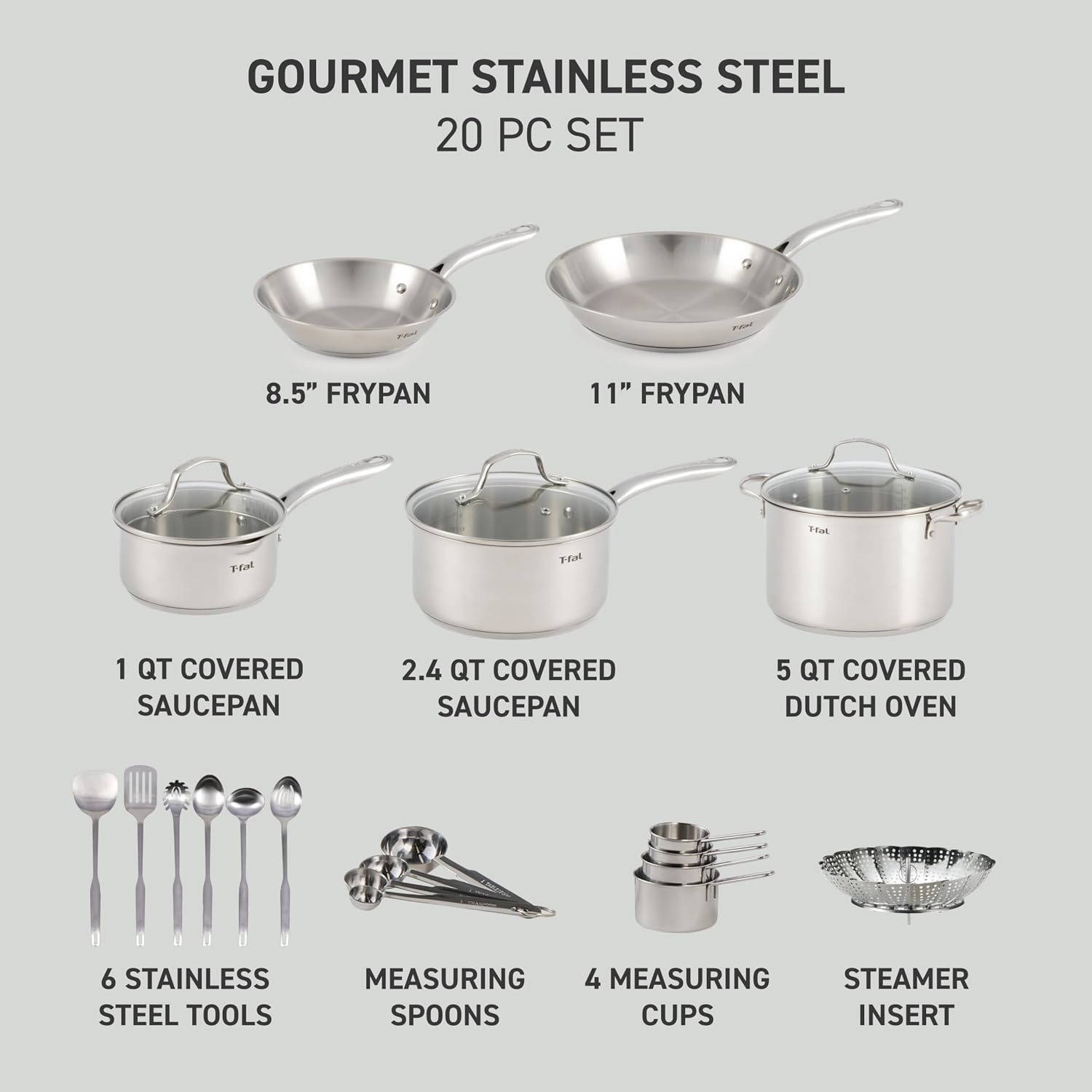 image:imageTfal Gourmet Stainless Steel Cookware Set 20Piece Kitchen Essentials Induction Compatible Dishwasher Safe Oven Safe to 500F Durable Pots and Pans with Steamer for Versatile Cooking20Piece