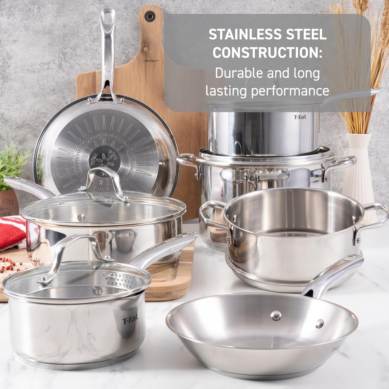 image:imageTfal Gourmet Stainless Steel Cookware Set 20Piece Kitchen Essentials Induction Compatible Dishwasher Safe Oven Safe to 500F Durable Pots and Pans with Steamer for Versatile Cooking20Piece