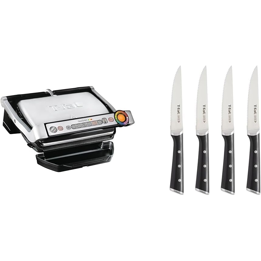 image:imageOptiGrill Stainless Steel Electric Grill With Tfal Ice Force Stainless Steel Steak Knives setUp to 4 Servings 6 Cooking Modes Plus Steak Knives