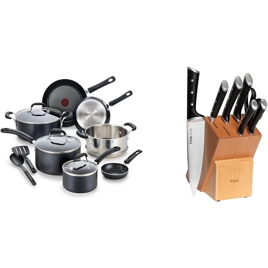 image:imageTfal 20 Piece Set of Experience Nonstick Cookware Set With Ice Force German Stainless Steel Kitchen Knife Set and Wood Block12Piece Set