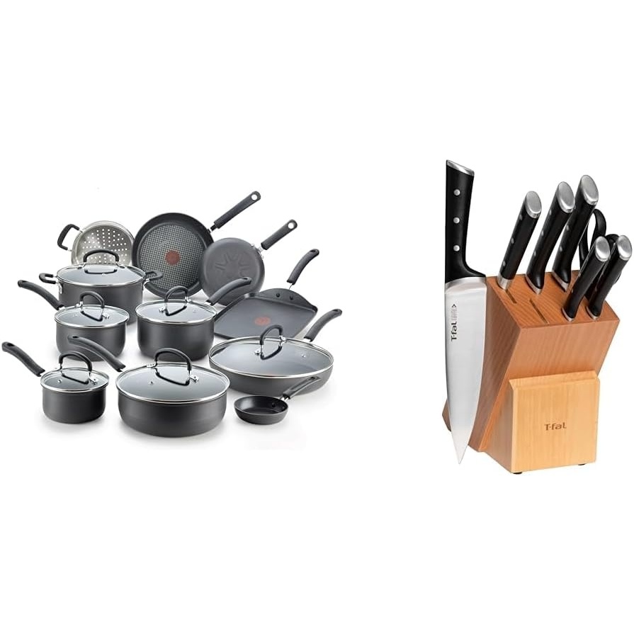 image:imageTfal 25 Piece Set Ultimate Hard Anodized Nonstick Cookware Set With Ice Force Stainless Steel Kitchen Knife Set and Wood Block