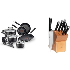 image:imageTfal 20 piece set of Signature Nonstick Cookware with Ice Force German Stainless Steel Kitchen Knife Set and Wood Block20Piece