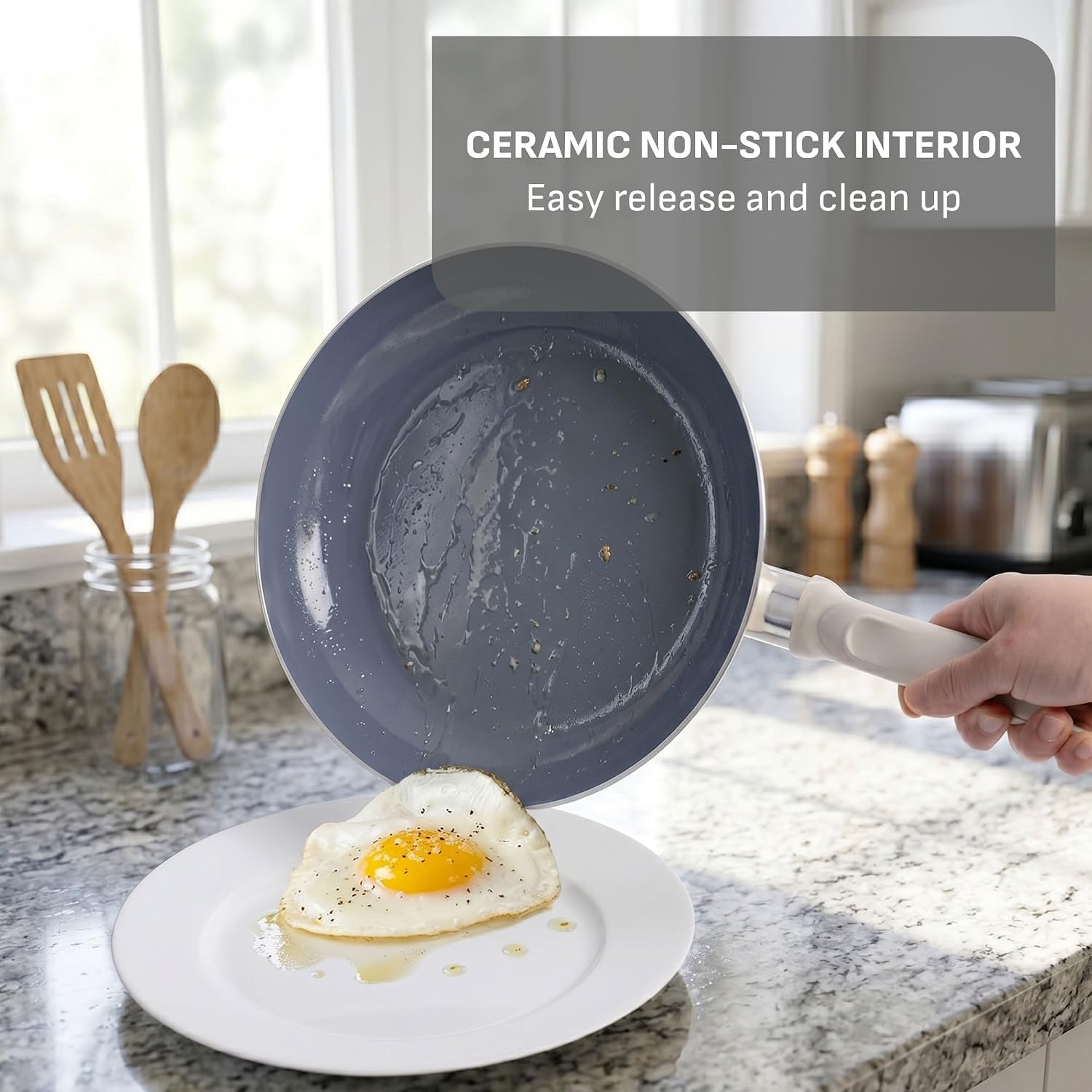 image:imageTFal Ceramic Frying Pans Nonstick 10 Inch Skillet Oven Safe to 350F Ergonomic Handle Cookware Pots and Pans Blue amp Beige
