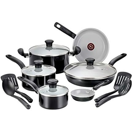 image:imageTfal Initiatives Ceramic Non Stick Cookware Set 14 Piece Oven Broiler Safe 350F Kitchen Cooking Set WFry Pans Saucepans Dutch Oven Utensils Healthy Cooking Pots and Pans Home Black
