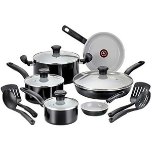 image:imageTfal Initiatives Ceramic Non Stick Cookware Set 14 Piece Oven Broiler Safe 350F Kitchen Cooking Set WFry Pans Saucepans Dutch Oven Utensils Healthy Cooking Pots and Pans Home Black